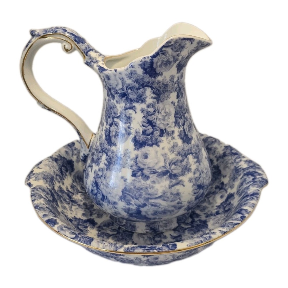 Vintage Home Interiors "A Special Place" Blue Chintz Pitcher & Wash Basin Set
